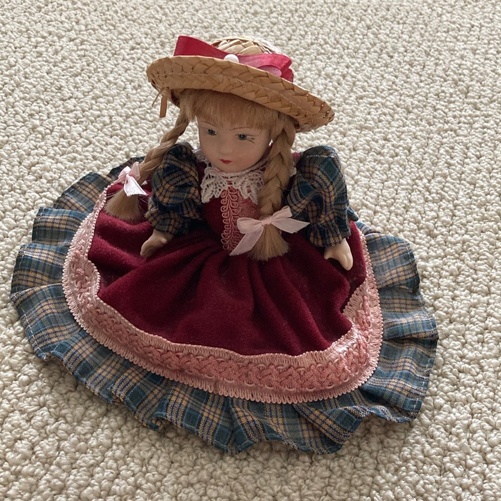 Vintage Genuine Porcelain Doll Blonde Girl Red Dress Toy FLAW